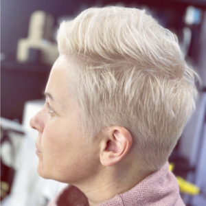 pixie haircut, total blonde and hair toning