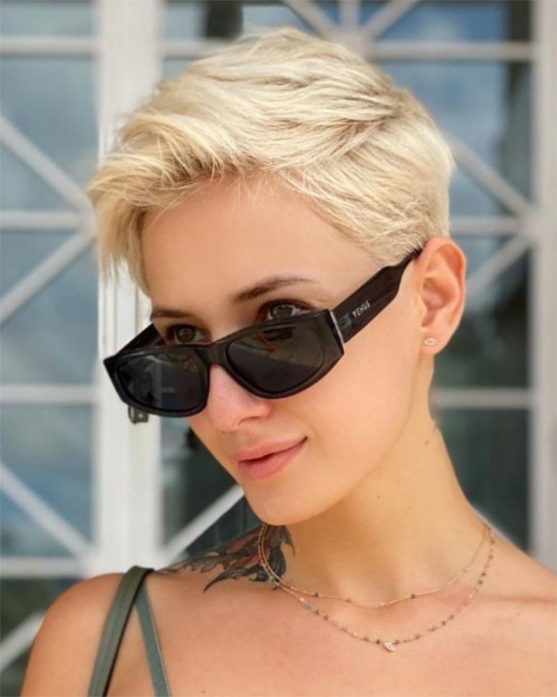 short women's pixie haircut, tomboy